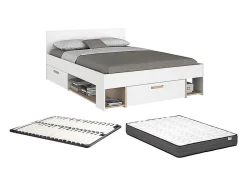 Lit 140 x 190/200 cm avec rangements - Blanc et naturel + Sommier + Matelas - KINSELIA