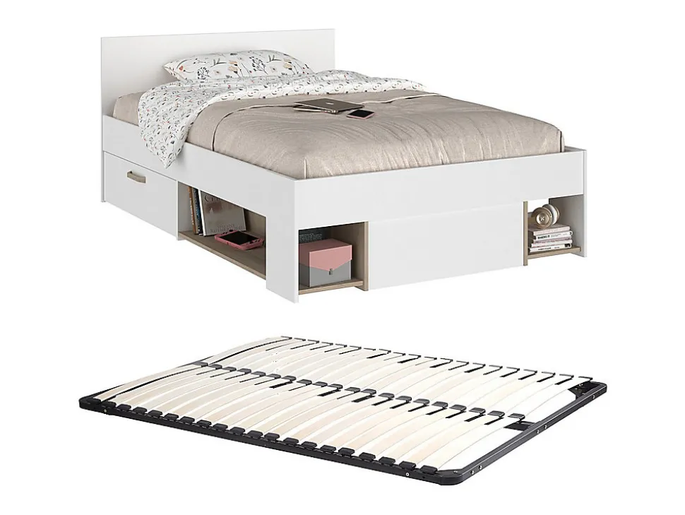Lit 120 x 190/200 cm avec rangements - Blanc et naturel + Sommier - KINSELIA