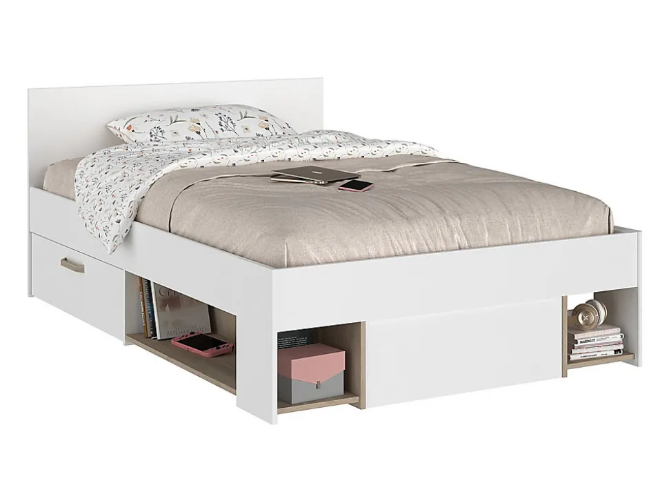 Lit 120 x 190/200 cm avec rangements - Blanc et naturel + Sommier - KINSELIA