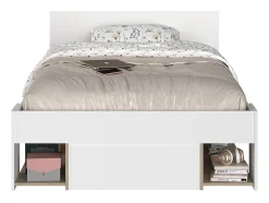 Lit 120 x 190/200 cm avec rangements - Blanc et naturel + Sommier - KINSELIA