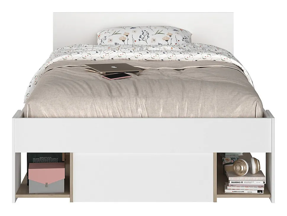 Lit 120 x 190/200 cm avec rangements - Blanc et naturel + Sommier - KINSELIA