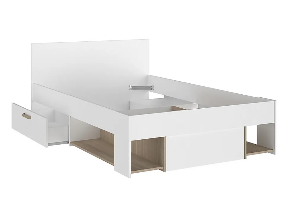 Lit 120 x 190/200 cm avec rangements - Blanc et naturel + Sommier - KINSELIA