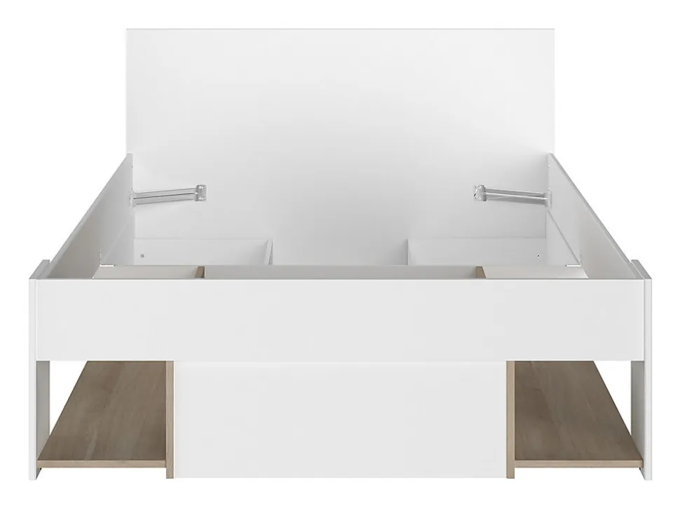 Lit 120 x 190/200 cm avec rangements - Blanc et naturel + Sommier - KINSELIA