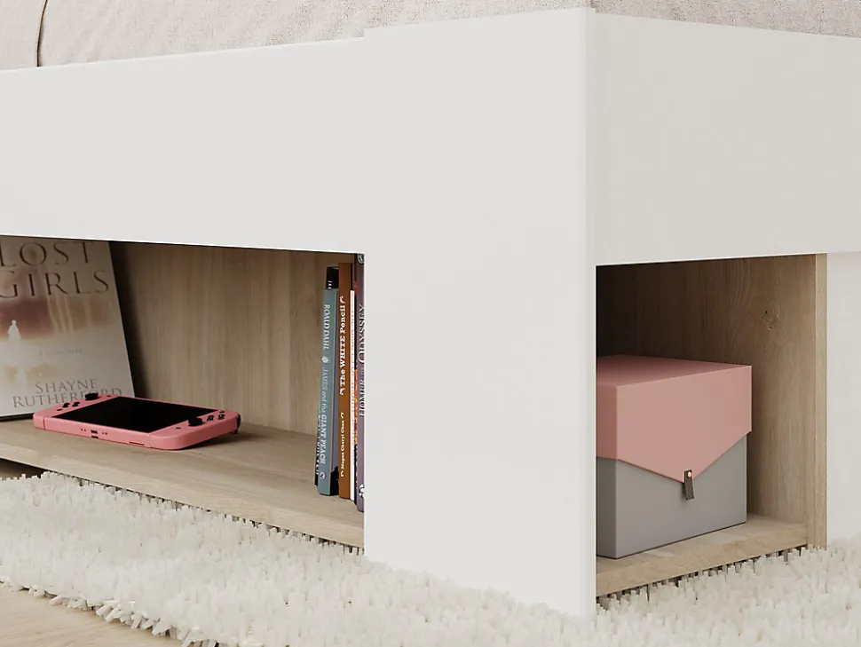 Lit 120 x 190/200 cm avec rangements - Blanc et naturel + Sommier - KINSELIA