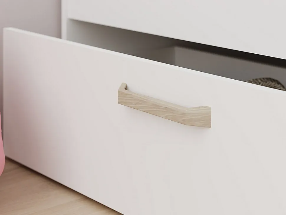 Lit 120 x 190/200 cm avec rangements - Blanc et naturel + Sommier - KINSELIA