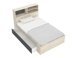 Lit 120 x 190 cm avec rangements - Coloris : Naturel et anthracite + Sommier + Matelas - VARDIEL