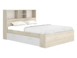 Lit 140 x 190 cm avec rangements - Coloris : Naturel et blanc + Sommier - VARDIEL