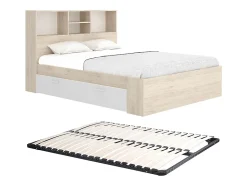 Lit 140 x 190 cm avec rangements - Coloris : Naturel et blanc + Sommier - VARDIEL