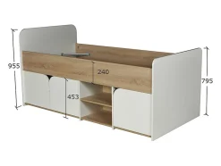 Lit 90 x 190 cm avec rangements - Coloris : Naturel et blanc + Sommier + Matelas - LOSTYA