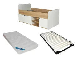 Lit 90 x 190 cm avec rangements - Coloris : Naturel et blanc + Sommier + Matelas - LOSTYA