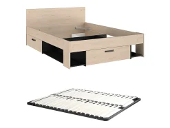 Lit 140 x 190/200 cm avec rangements - Coloris : Naturel et noir + Sommier - KINSELIA