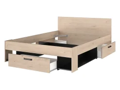 Lit 140 x 190/200 cm avec rangements - Coloris : Naturel et noir + Sommier - KINSELIA