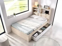 Lit 120 x 190 cm avec rangements - Coloris : Naturel et blanc + Sommier + Matelas - VARDIEL