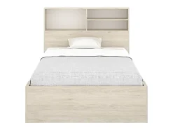 Lit 120 x 190 cm avec rangements - Coloris : Naturel et blanc + Sommier + Matelas - VARDIEL