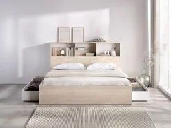 Lit 140 x 190 cm avec rangements - Coloris : Naturel et blanc - VARDIEL