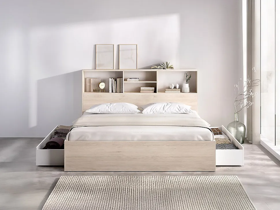Lit 140 x 190 cm avec rangements - Coloris : Naturel et blanc - VARDIEL