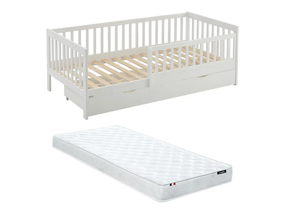 Lit 90 x 190 cm avec tiroir - Pin et MDF - Blanc + Matelas - PROVIATI