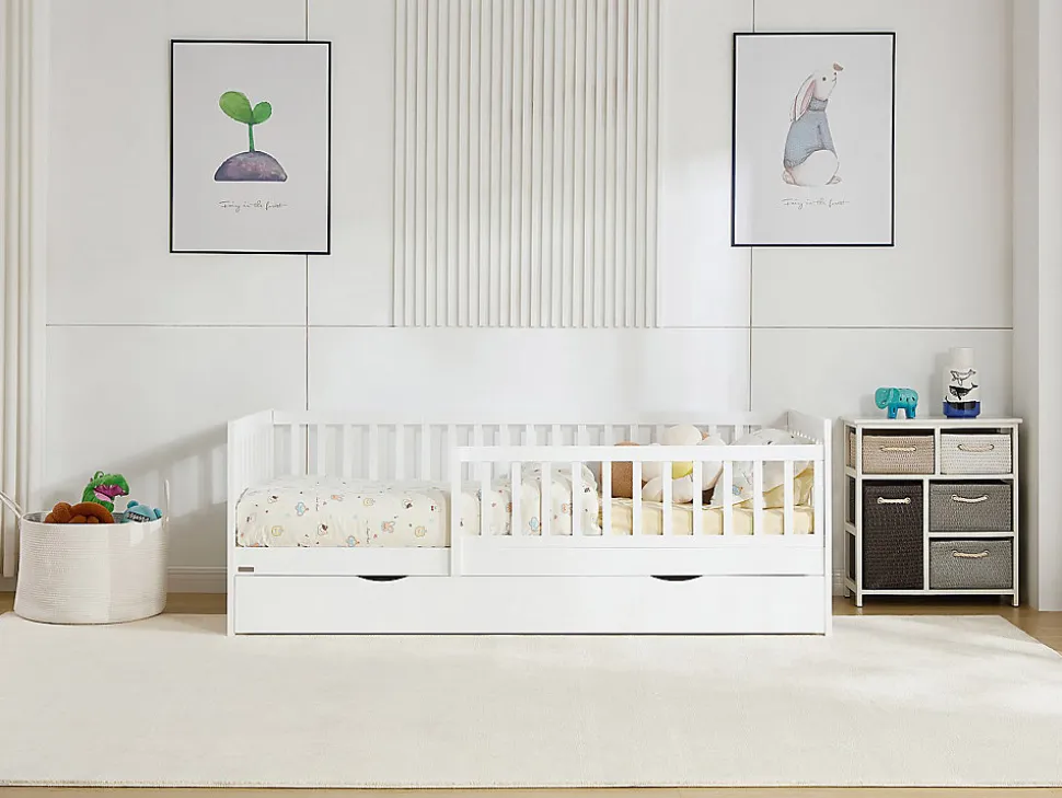 Lit 90 x 190 cm avec tiroir - Pin et MDF - Blanc + Matelas - PROVIATI