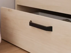 Lit 140 x 190/200 cm avec tête de lit et rangements - Coloris : Naturel et noir + Sommier + Matelas - KINSELIA