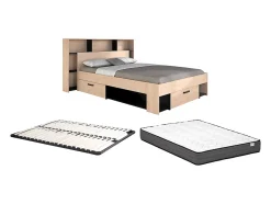 Lit 140 x 190/200 cm avec tête de lit et rangements - Coloris : Naturel et noir + Sommier + Matelas - KINSELIA