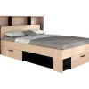 Lit 140 x 190/200 cm avec tête de lit et rangements - Coloris : Naturel et noir - KINSELIA
