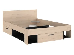 Lit 140 x 190/200 cm avec tête de lit et rangements - Coloris : Naturel et noir - KINSELIA