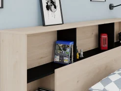 Lit 140 x 190/200 cm avec tête de lit et rangements - Coloris : Naturel et noir - KINSELIA