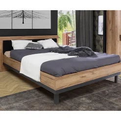Lit 160 x 200 cm avec tête de lit décor bois chêne et noir - KAMILA