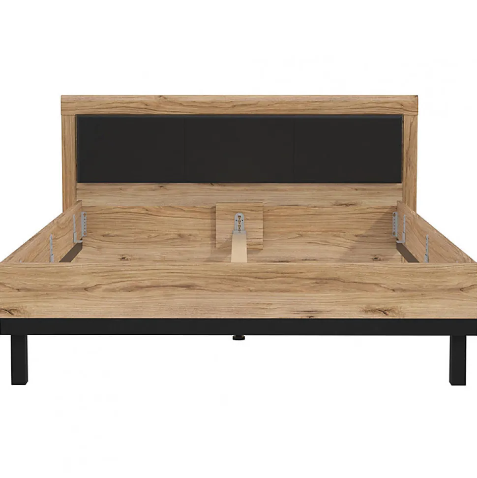 Lit 160 x 200 cm avec tête de lit décor bois chêne et noir - KAMILA
