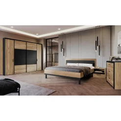 Lit 160 x 200 cm avec tête de lit décor bois chêne et noir - KAMILA