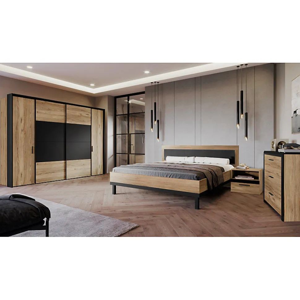 Lit 160 x 200 cm avec tête de lit décor bois chêne et noir - KAMILA