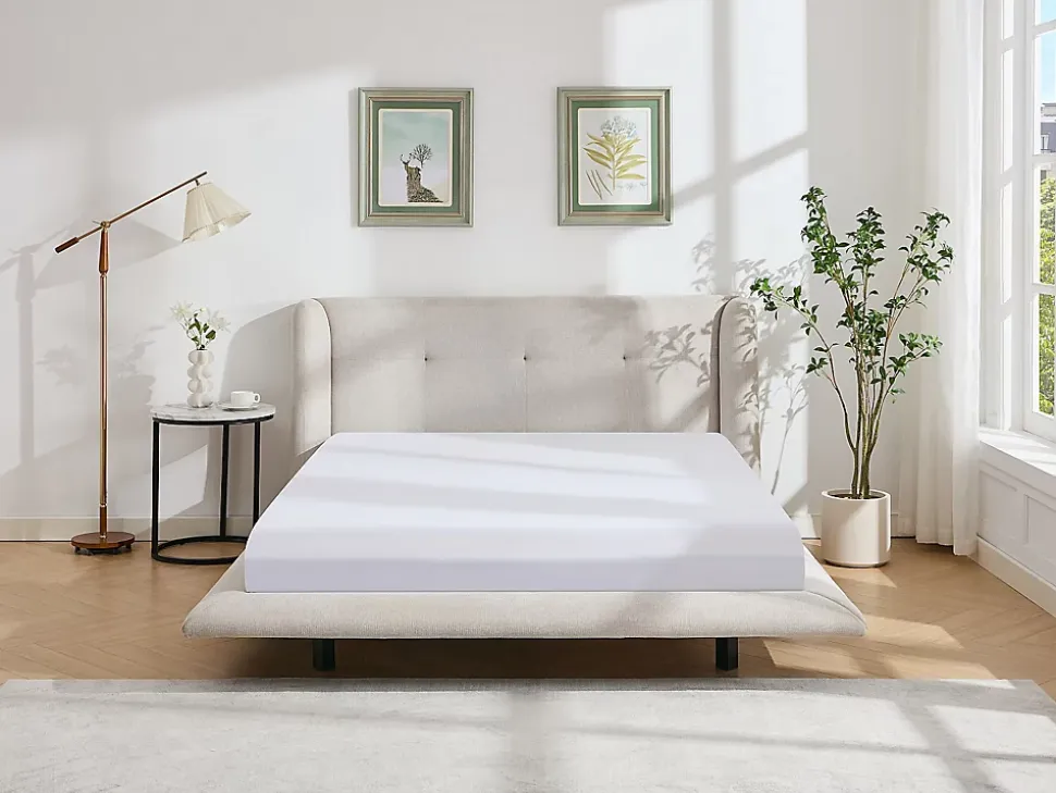 Lit 140 x 190 cm avec tête de lit capitonnée - Tissu - Beige - PENAVI