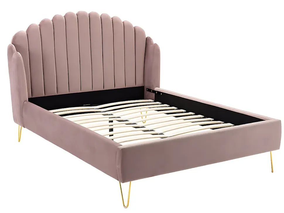 Lit 140 x 190 cm avec tête de lit ondulée - Velours - Vieux rose + Matelas - SAGALI