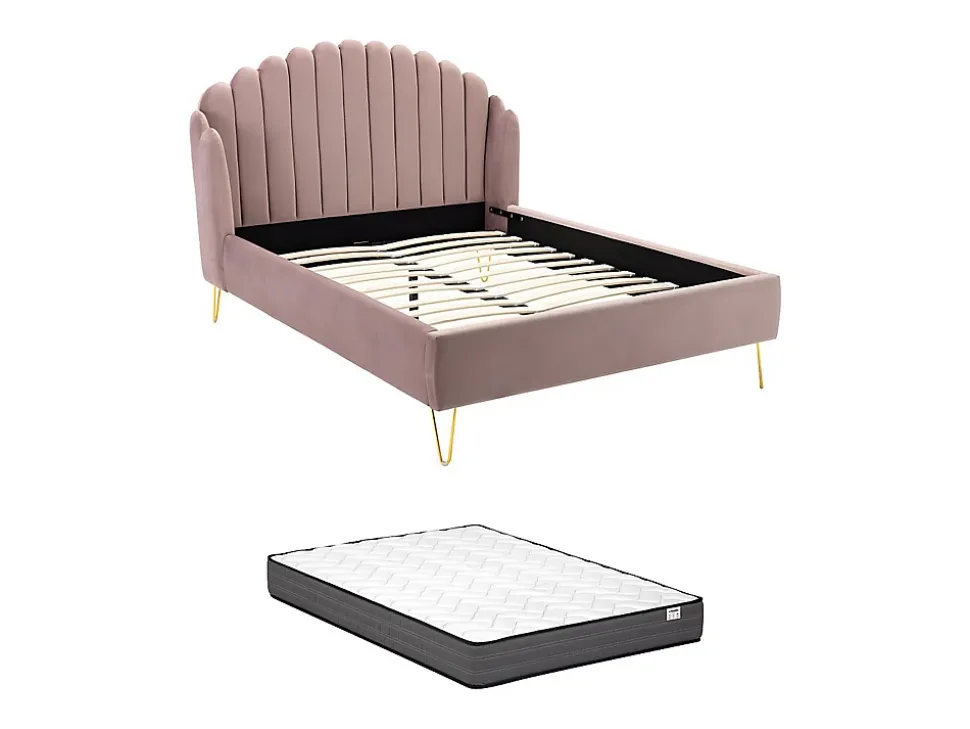 Lit 140 x 190 cm avec tête de lit ondulée - Velours - Vieux rose + Matelas - SAGALI