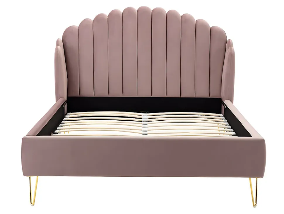 Lit 140 x 190 cm avec tête de lit ondulée - Velours - Vieux rose + Matelas - SAGALI