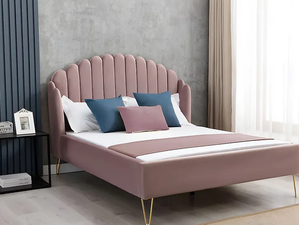 Lit 140 x 190 cm avec tête de lit ondulée - Velours - Vieux rose + Matelas - SAGALI