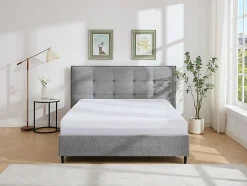 Lit 180 x 200 cm avec tête de lit capitonnée - Tissu - Gris + Matelas - NIRPIO