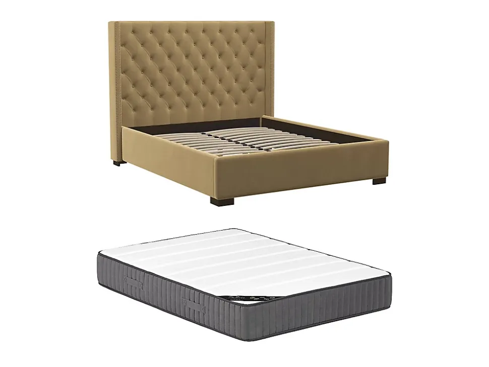 Lit 180 x 200 cm avec tête de lit capitonnée - Tissu - Beige + Matelas - MASSIMO II