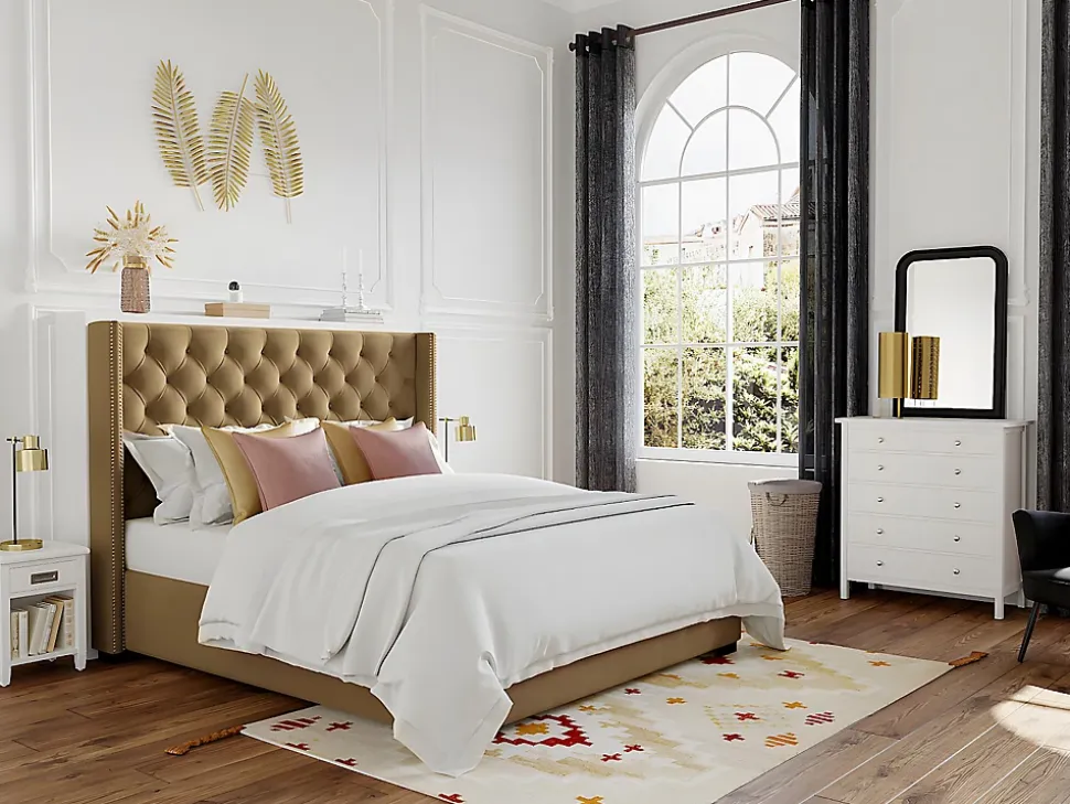 Lit 180 x 200 cm avec tête de lit capitonnée - Tissu - Beige + Matelas - MASSIMO II