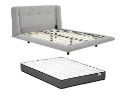 Lit 160 x 200 cm avec tête de lit capitonnée - Tissu - Gris clair + Matelas - PENAVI