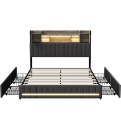 Lit 140 x 190 cm avec tête de lit LED et USB, 4 tiroirs de rangement, sommier à lattes, lin, gris