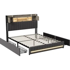 Lit 140 x 190 cm avec tête de lit LED et USB, 4 tiroirs de rangement, sommier à lattes, lin, gris