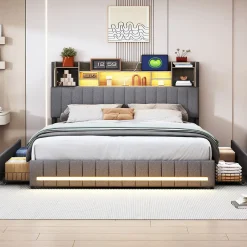 Lit 140 x 190 cm avec tête de lit LED et USB, 4 tiroirs de rangement, sommier à lattes, lin, gris