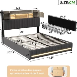 Lit 140 x 190 cm avec tête de lit LED et USB, 4 tiroirs de rangement, sommier à lattes, lin, gris