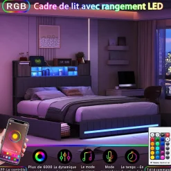 Lit 140 x 190 cm avec tête de lit LED et USB, 4 tiroirs de rangement, sommier à lattes, lin, gris