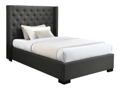 Lit 120 x 200 cm avec tête de lit capitonnée - Tissu - Gris - MASSIMO