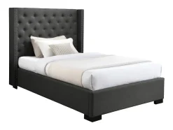 Lit 120 x 200 cm avec tête de lit capitonnée - Tissu - Gris - MASSIMO