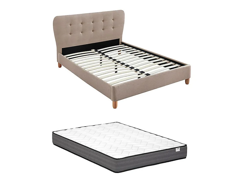 Lit 160 x 200 cm avec tête de lit capitonnée - Tissu - Beige + Matelas - ELIDE