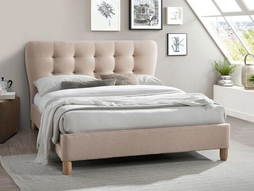 Lit 160 x 200 cm avec tête de lit capitonnée - Tissu - Beige + Matelas - ELIDE