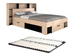 Lit 140 x 190/200 cm avec tête de lit et rangements - Coloris : Naturel et noir + Sommier - KINSELIA